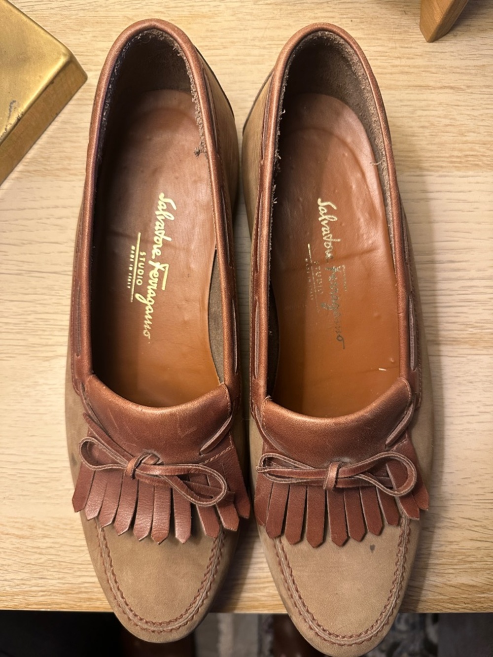 Salvatore Ferragamo Tan & Brown Suede Fringe Tassel Loafers